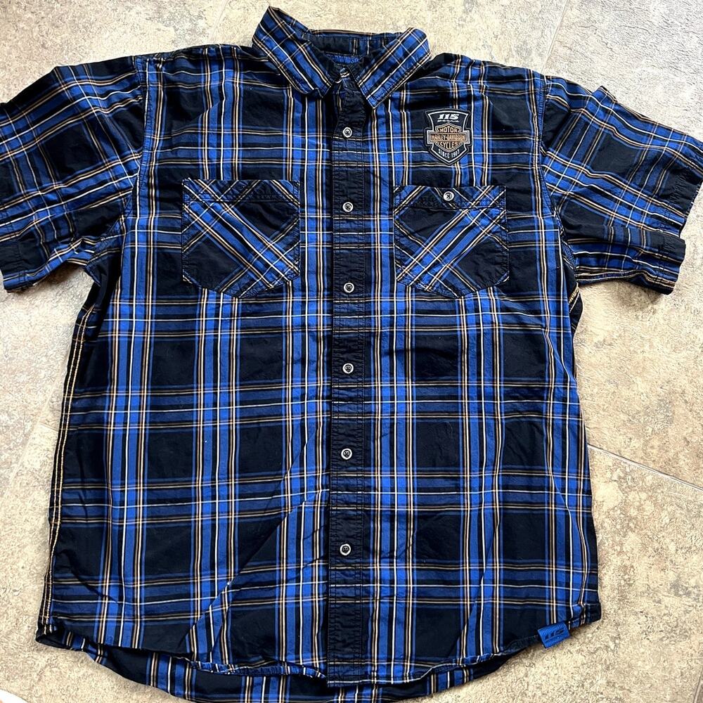 Harley Davidson Short Sleeve Plaid Button Down Shirt, Men's XL